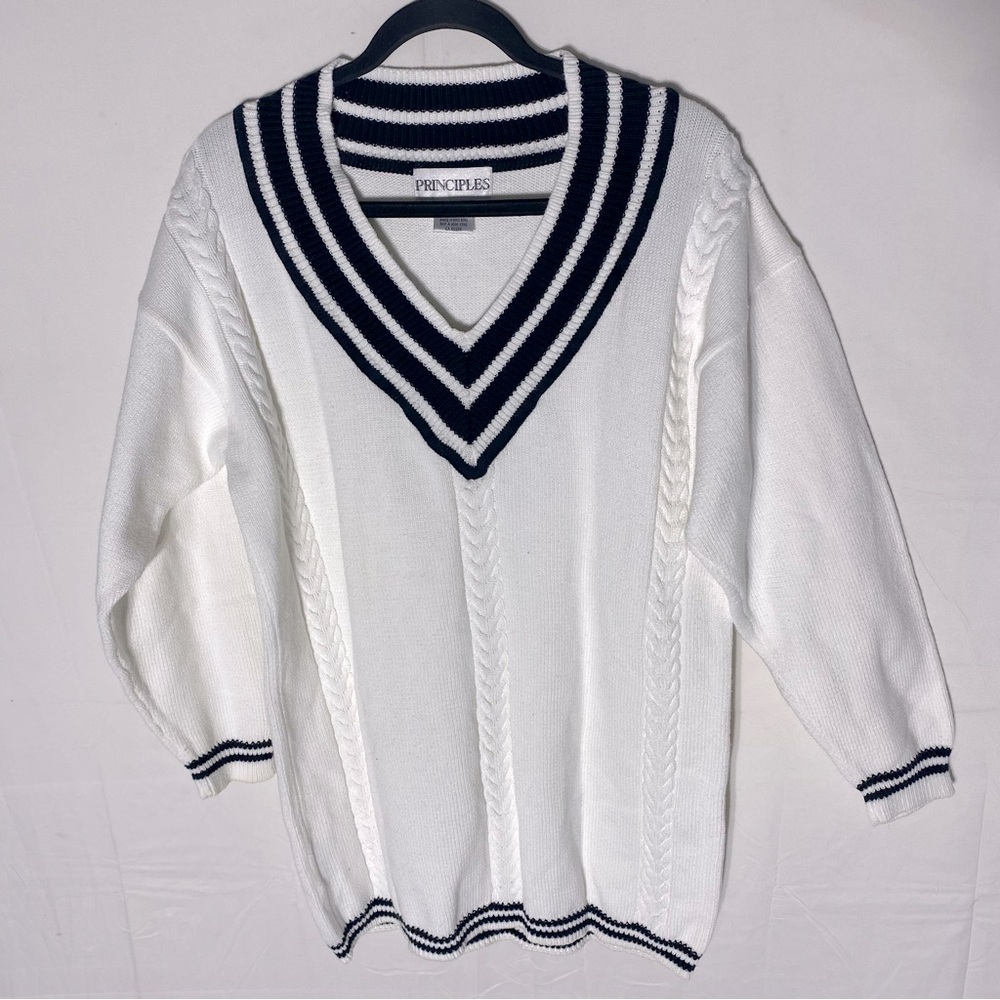 Vintage Principles White Black Cotton Knit Deep V Neck Academia Sweater S